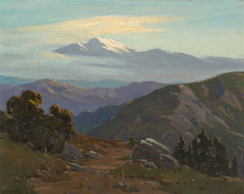Mountain Vista by Elmer Wachtel, oil on canvas depicting majestic mountains and a valley.