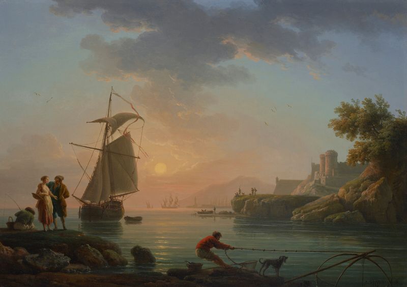 Mediterranean port at sunset, fisherman in foreground, oil painting by Claude-Joseph Vernet