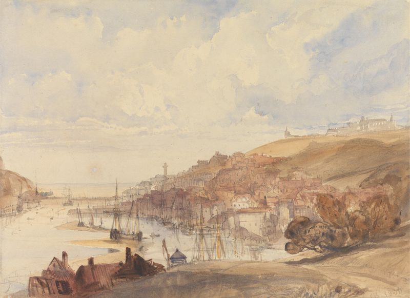 Landscape by Charles Bentley, 1833, depicting hills and sea in vibrant colors.