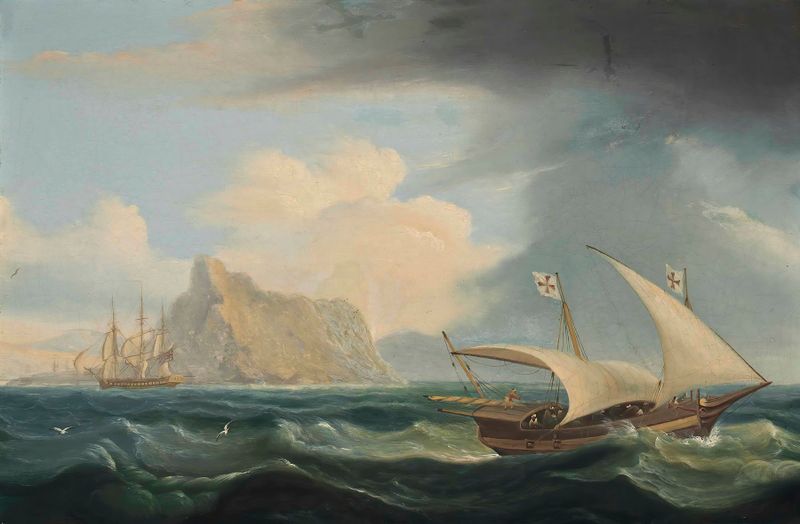 A British warship and a Maltese xebec in the Straits of Gibraltar, oil painting by Thomas Luny