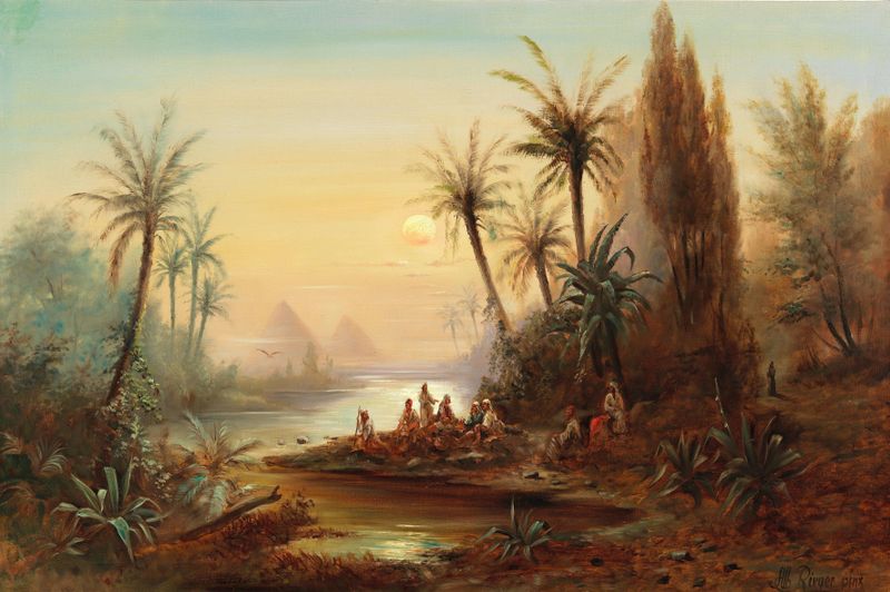 Evening On The Nile, oil on canvas by Albert Rieger, depicting a colorful sunset over the Nile.