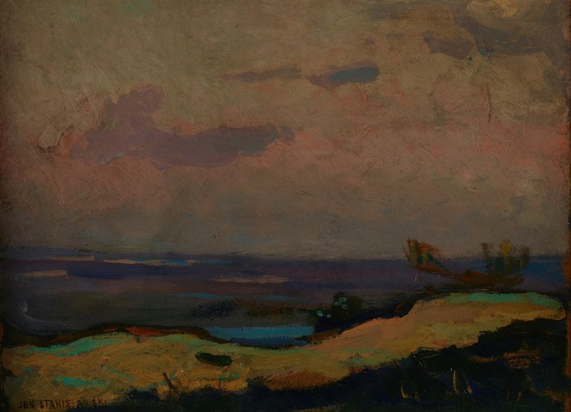 Dusk de Jan Stanisławski, óleo sobre lienzo que representa un paisaje crepuscular tranquilo