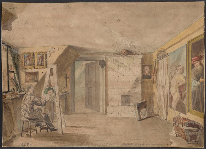 Interior scene depicting Adrian Głębocki in his studio, oil painting