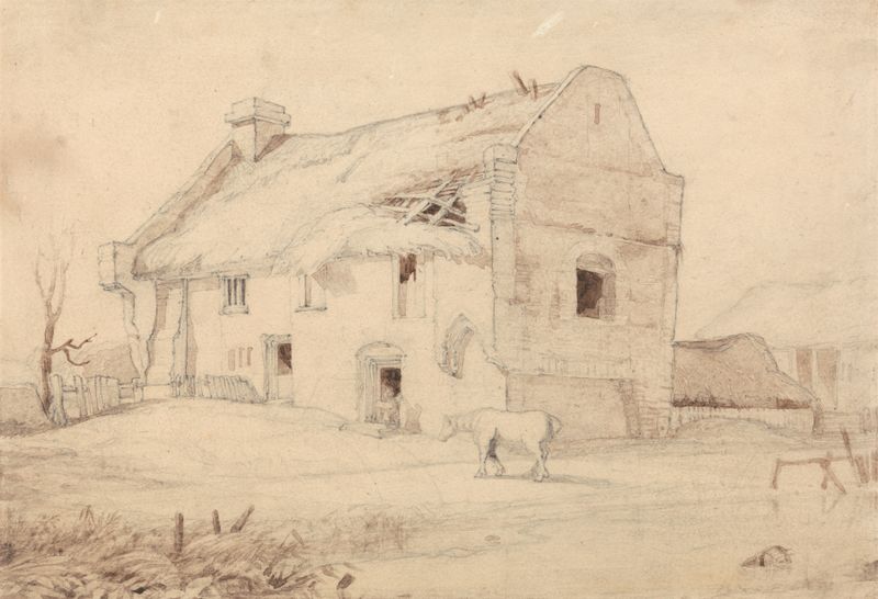 Cottage with Grazing Horses by Miles Edmund Cotman, oil painting depicting horses grazing in a tranquil landscape.