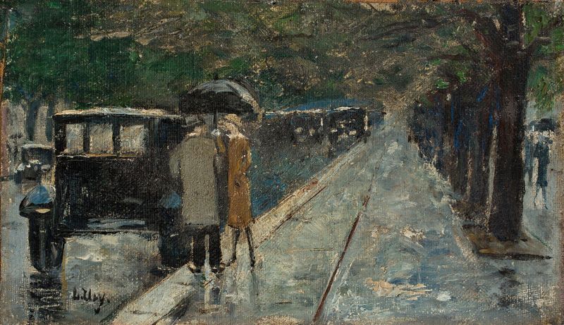 Paisaje de Straße im Tiergarten, Berlín de Lesser Ury, pintura al óleo con árboles y un camino al atardecer.