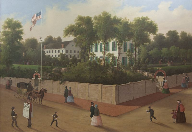 Paisagem romântica de Thomas Glessing, apresentando uma figura solitária em um jardim.