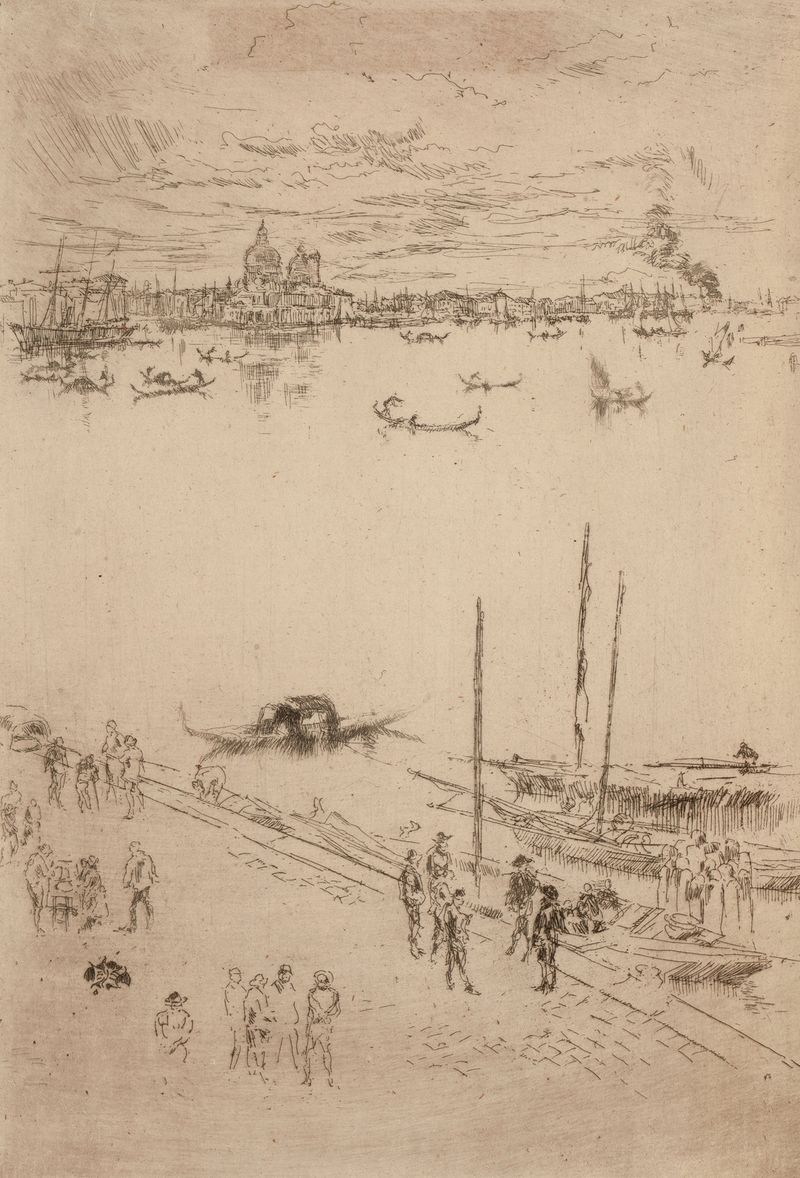 Upright Venice de James Abbott McNeill Whistler, óleo sobre lienzo, que representa reflejos serenos del agua y luces de la...