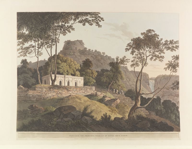 Oriental scenery Pl.05 by Thomas Daniell, depicting a lush landscape with a pagoda, medium unknown.