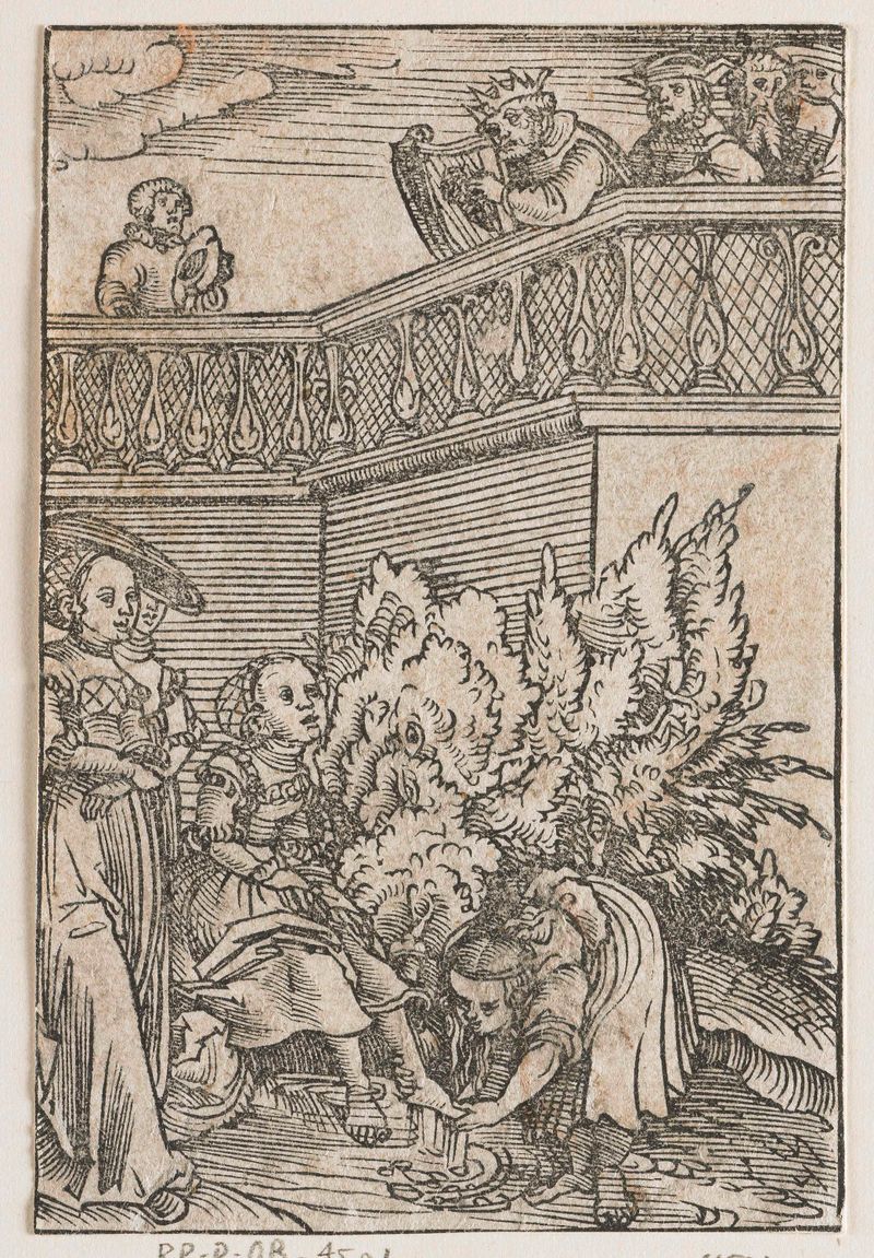 David observa Bathseba se banhando na água, gravura de Lucas Cranach