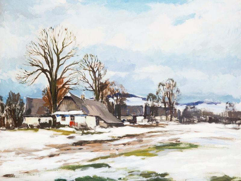 Early Spring II by Gustav Macoun, oil on canvas depicting a serene landscape in soft greens and blues.