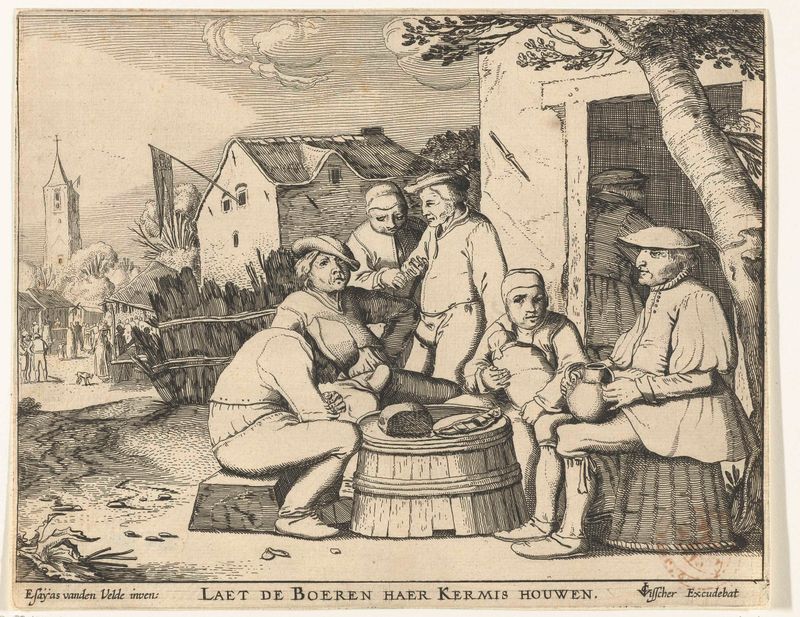Gravura de Unknown Artist mostrando fazendeiros ao redor de um barril em uma estalagem