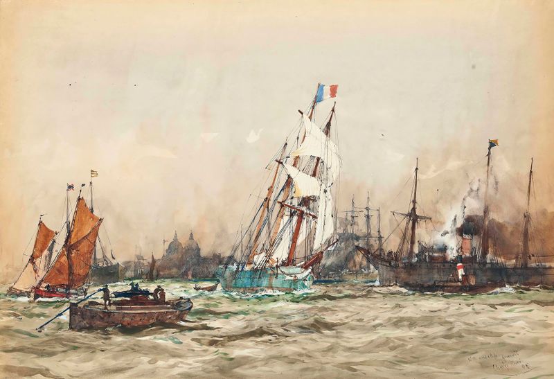 Marine scene with sailboats and sunset by Charles Edward Dixon, oil painting
