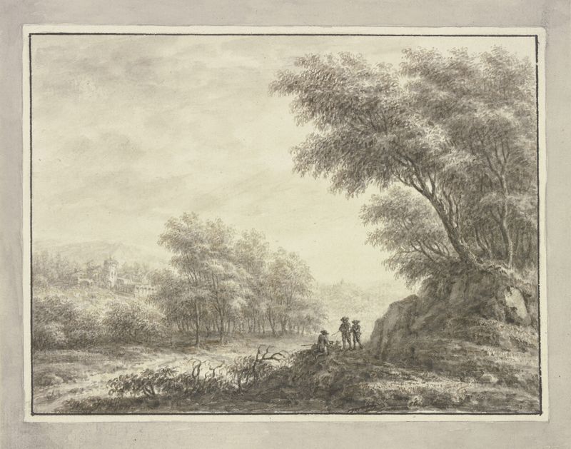 Landscape with three hunters and a castle, oil painting by Johann Caspar Zehender