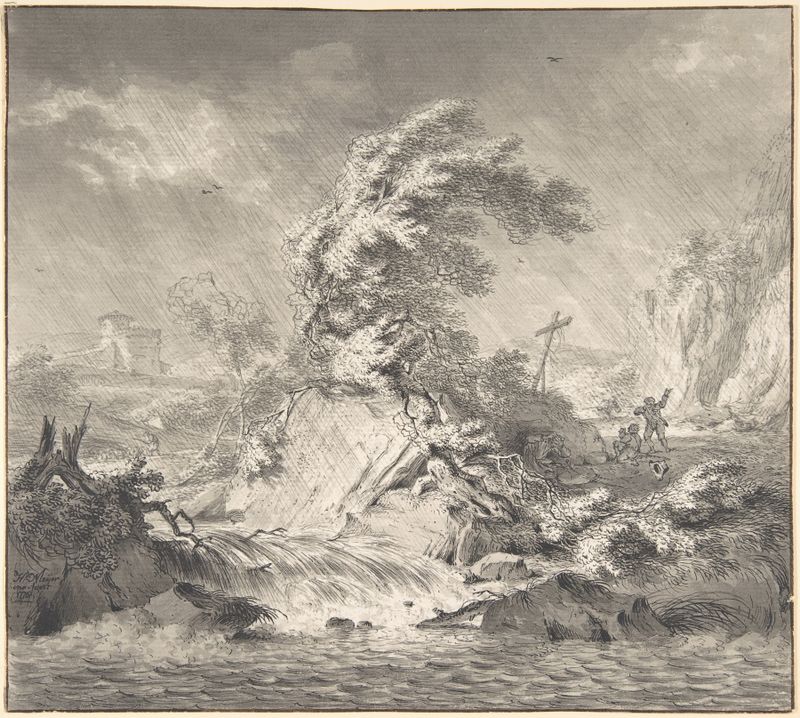 Stormy Landscape by Hendrik Meijer, oil painting depicting dark clouds and turbulent skies.