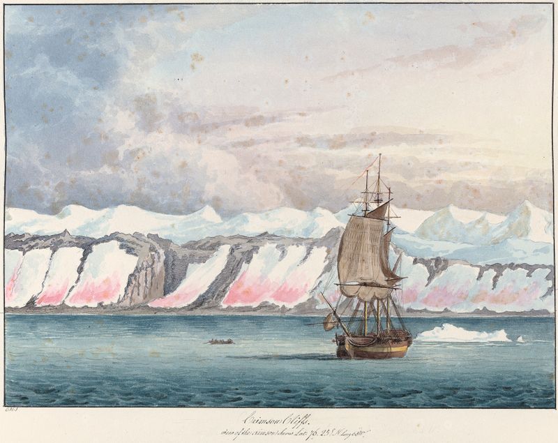 Crimson Cliffs de Charles Hamilton Smith, óleo sobre lienzo que muestra acantilados rugosos bajo un cielo tormentoso.