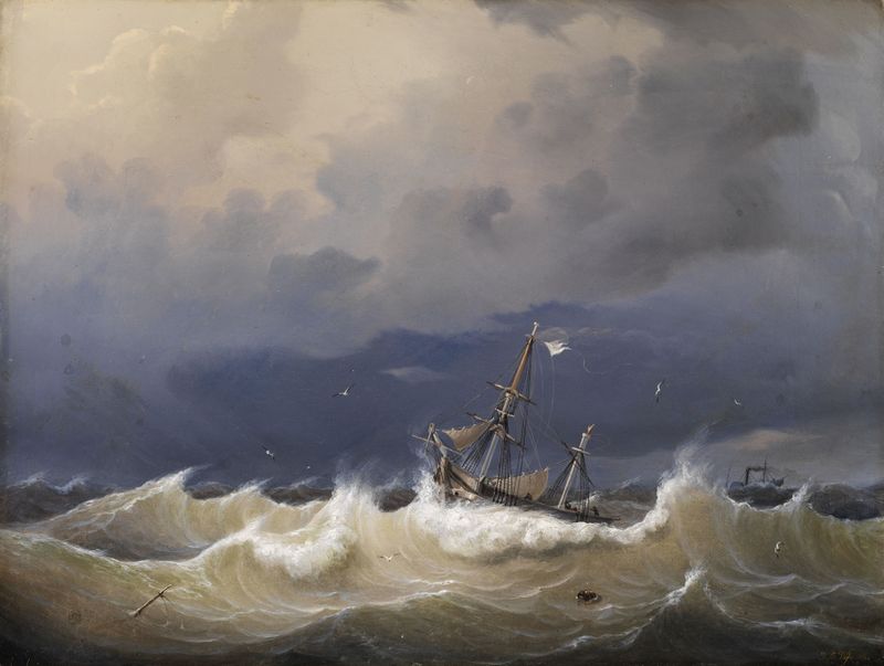 Cena marinha de Johann Baptist Weiss, 1852, retratando reflexos do crepúsculo na água.