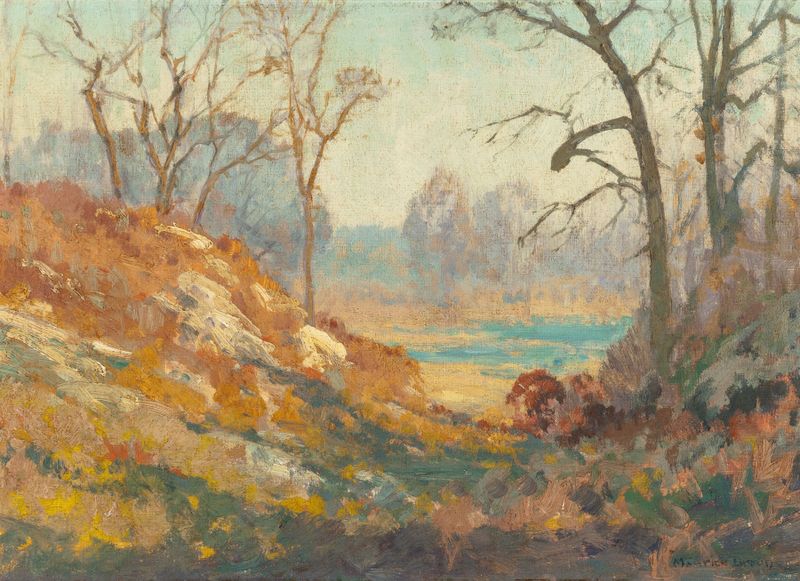 Lake at Mount Kisco, New York de Maurice Braun, óleo sobre lienzo que representa un lago tranquilo con reflejos.