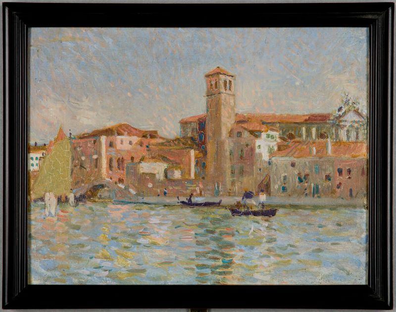 Pintura al óleo de Denman Waldo Ross que muestra góndolas en el agua en Venecia