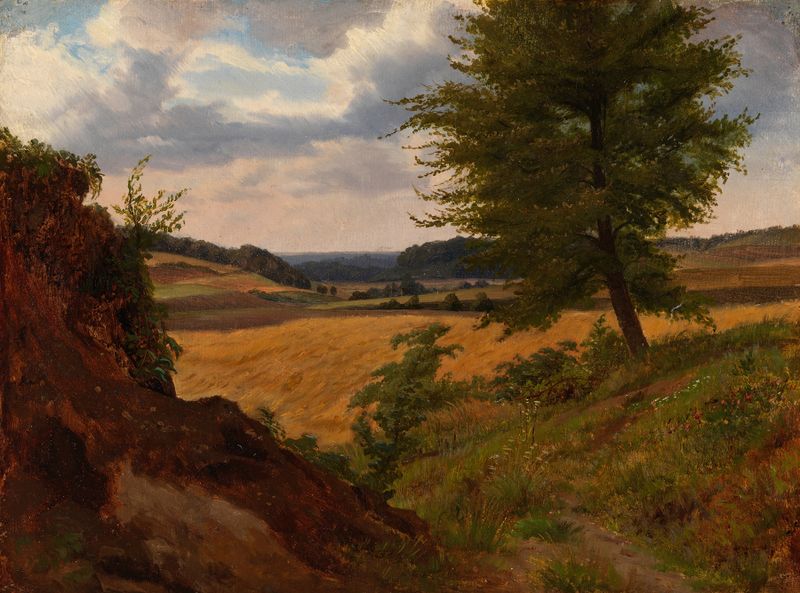 Tree in field landscape study by Werner Holmberg, oil on canvas