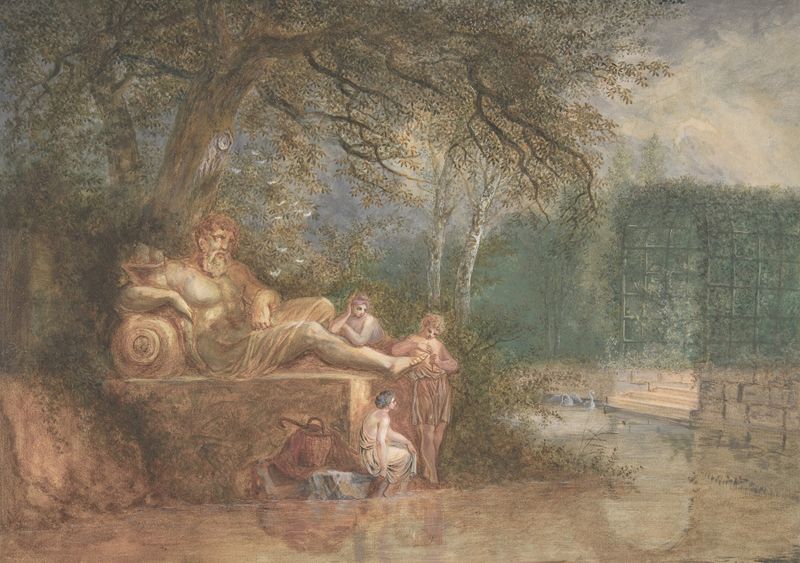 A park scene with figures near a statue and water, oil painting by Salomon Gessner