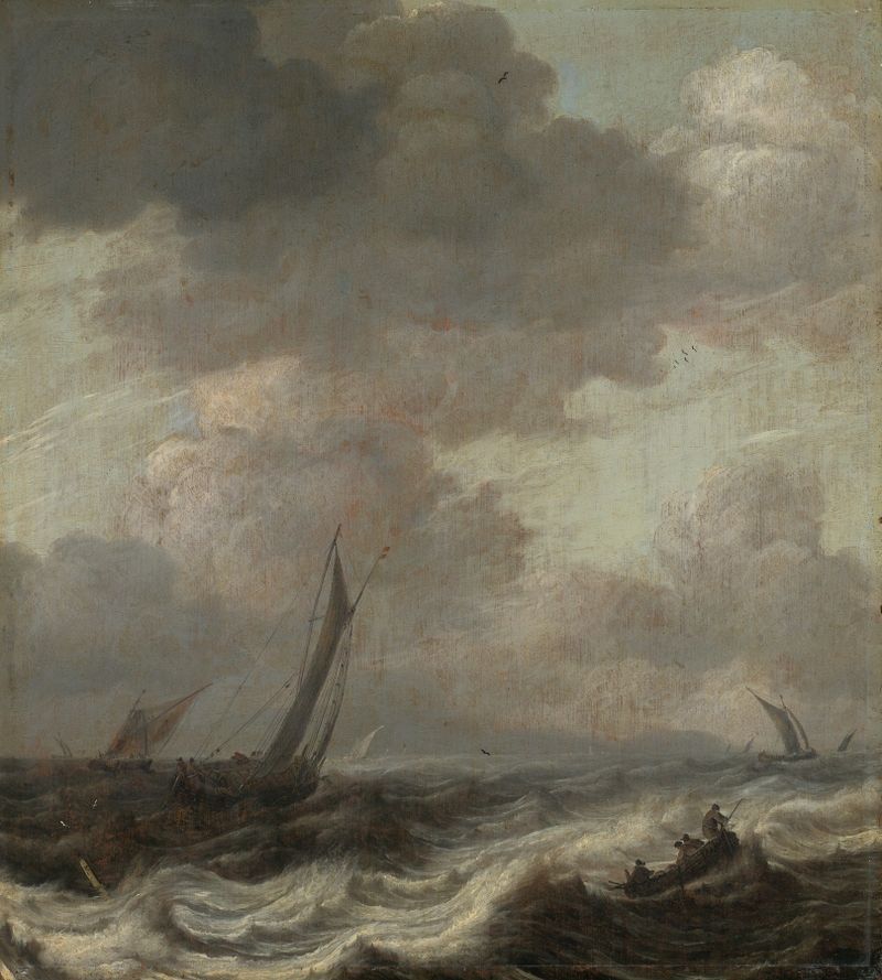 Marine scene with boats on a turbulent sea by Pieter Mulier the Elder, oil painting