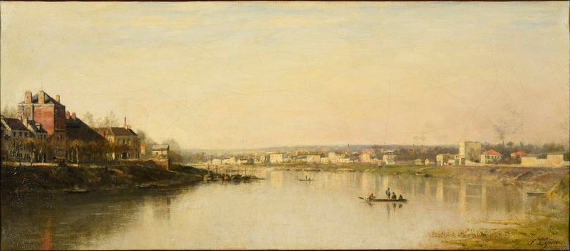 La Seine devant Saint-Denis de Stanislas Lépine, pintura al óleo que representa un paisaje de río tranquilo.