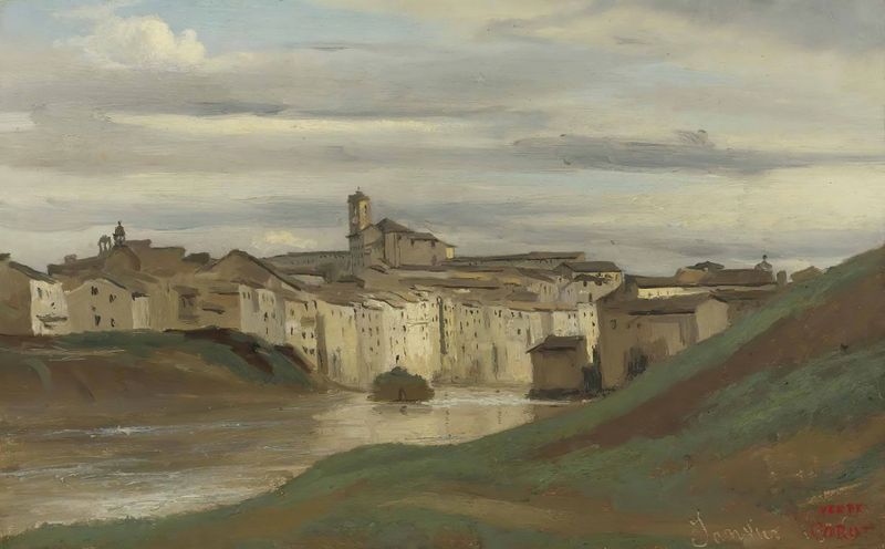 On The Banks Of The Tiber, Rome de Jean-Baptiste-Camille Corot, pintura al óleo de un paisaje de río tranquilo.