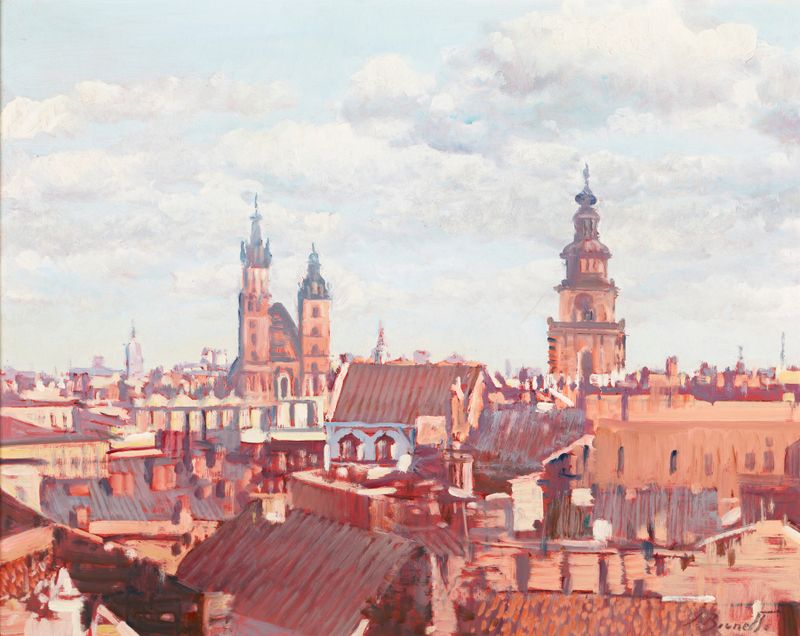 Roofs of Krakow de Silvio Brunetto, óleo sobre lienzo que representa vibrantes techos de la ciudad.
