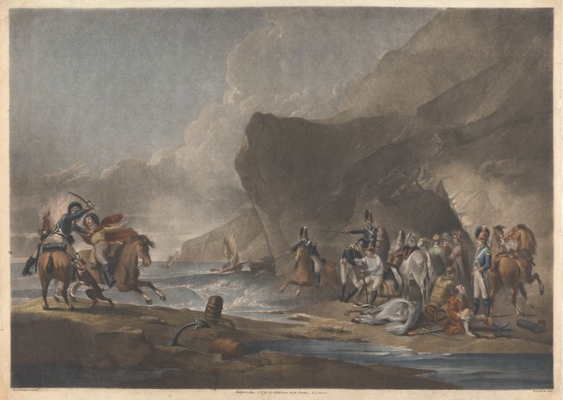 Historical oil painting by Peter Francis Bourgeois depicting a defender in a tumultuous scene.