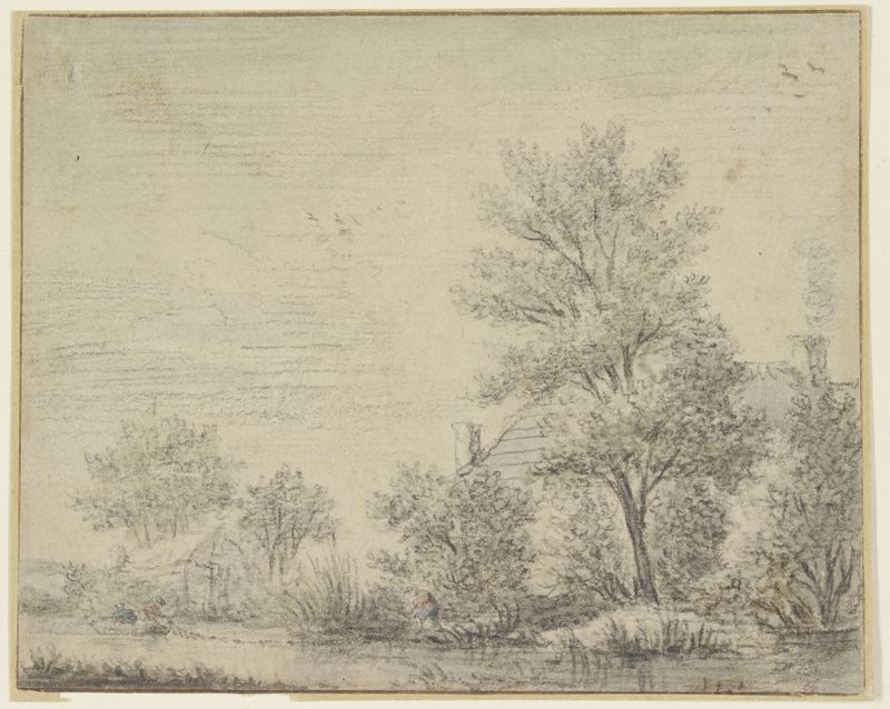 Paisaje de río en óleo de Antonie Waterloo con un río tranquilo y vegetación exuberante.