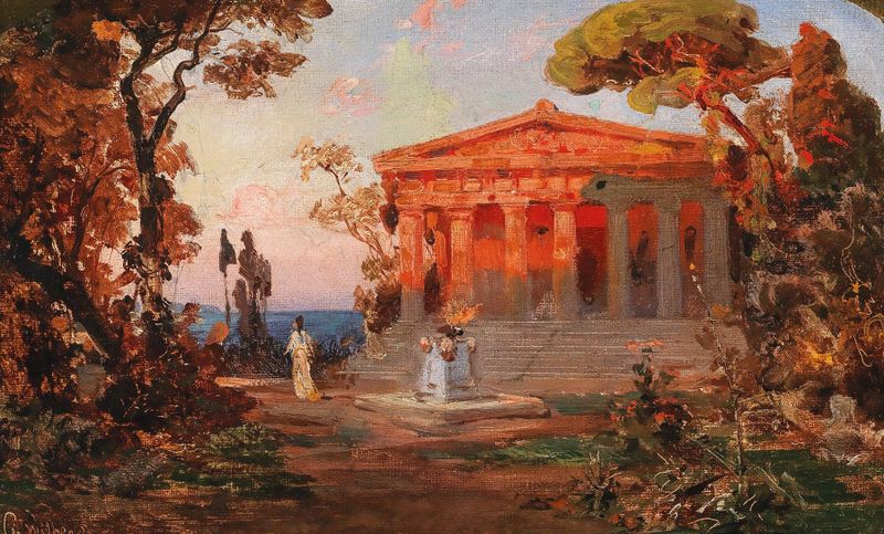 Paisagem com um templo, óleo sobre tela de Christian Wilberg