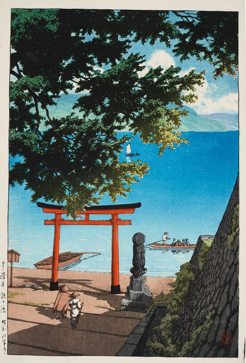Impresión en madera de Kawase Hasui que representa el Templo Chuzenji con montañas y agua.