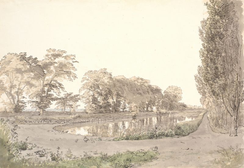 Paisaje con un estanque que refleja árboles, de P. C. Skovgaard, pintura al óleo