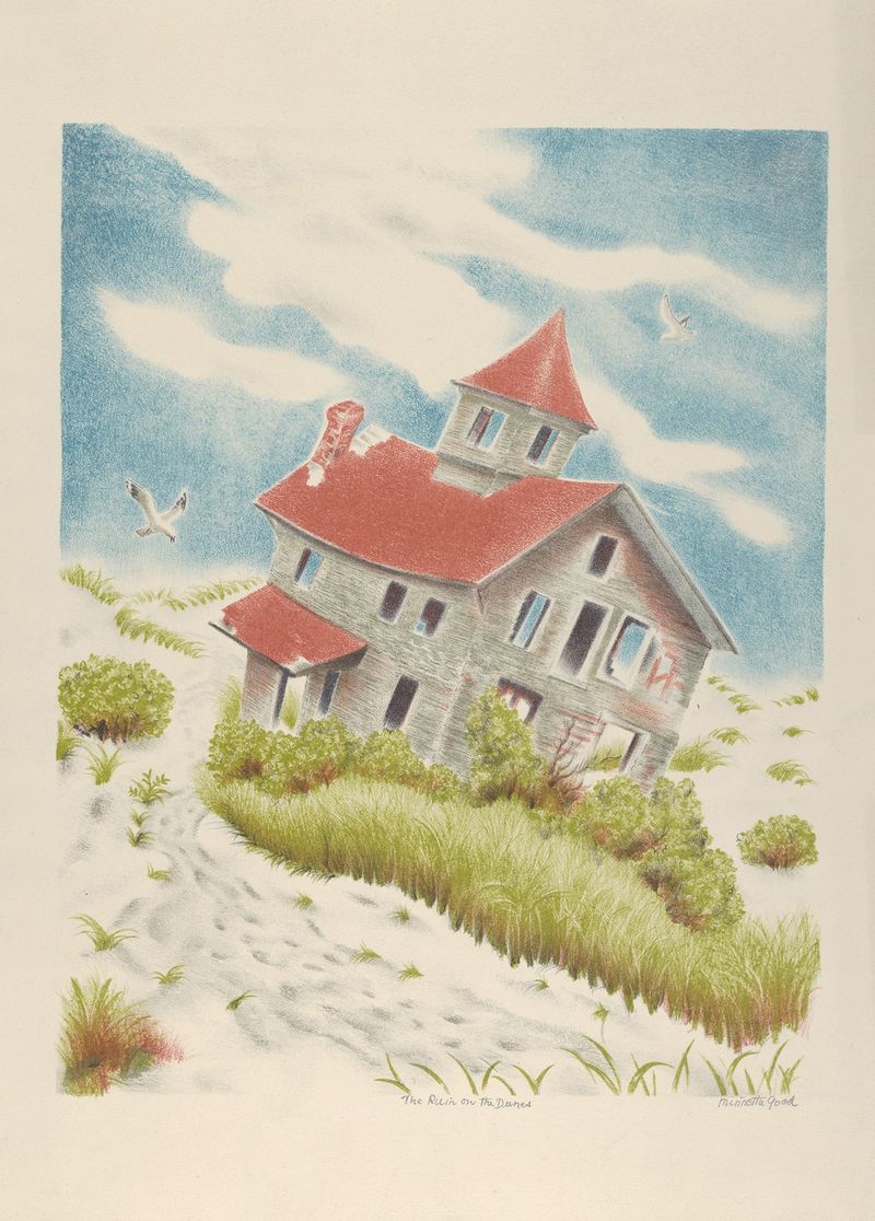 The Ruin on The Dunes by Minetta Good, modernism, landscape with dunes and ruins