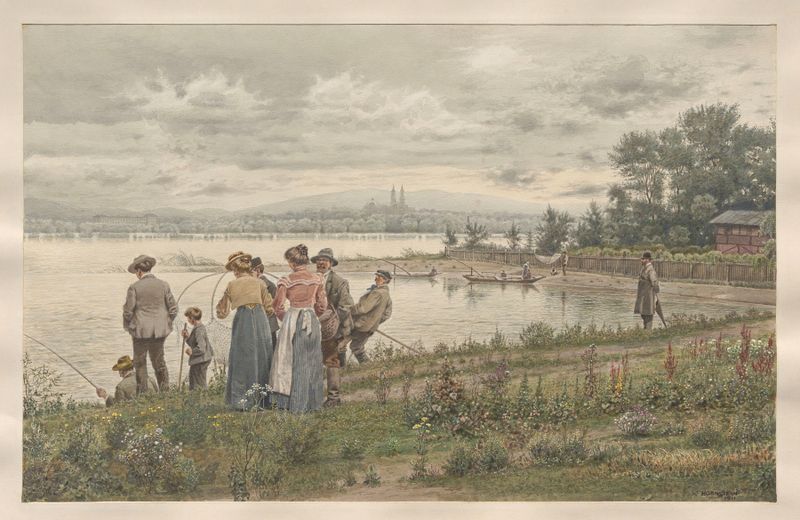 Hochwasser der Donau bei Klosterneuburg, oil on canvas by Karl Hornstein depicting a river landscape.