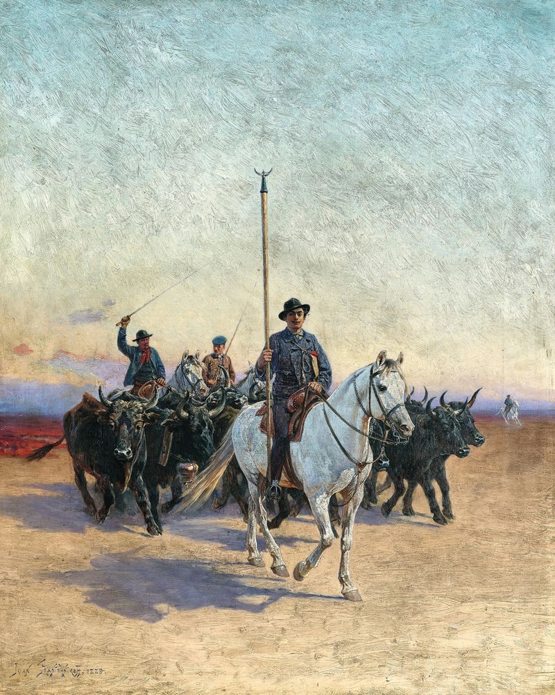 Obra realista de Ivan Petrovich Pranishnikoff mostrando um pecuarista a cavalo com um rebanho de gado