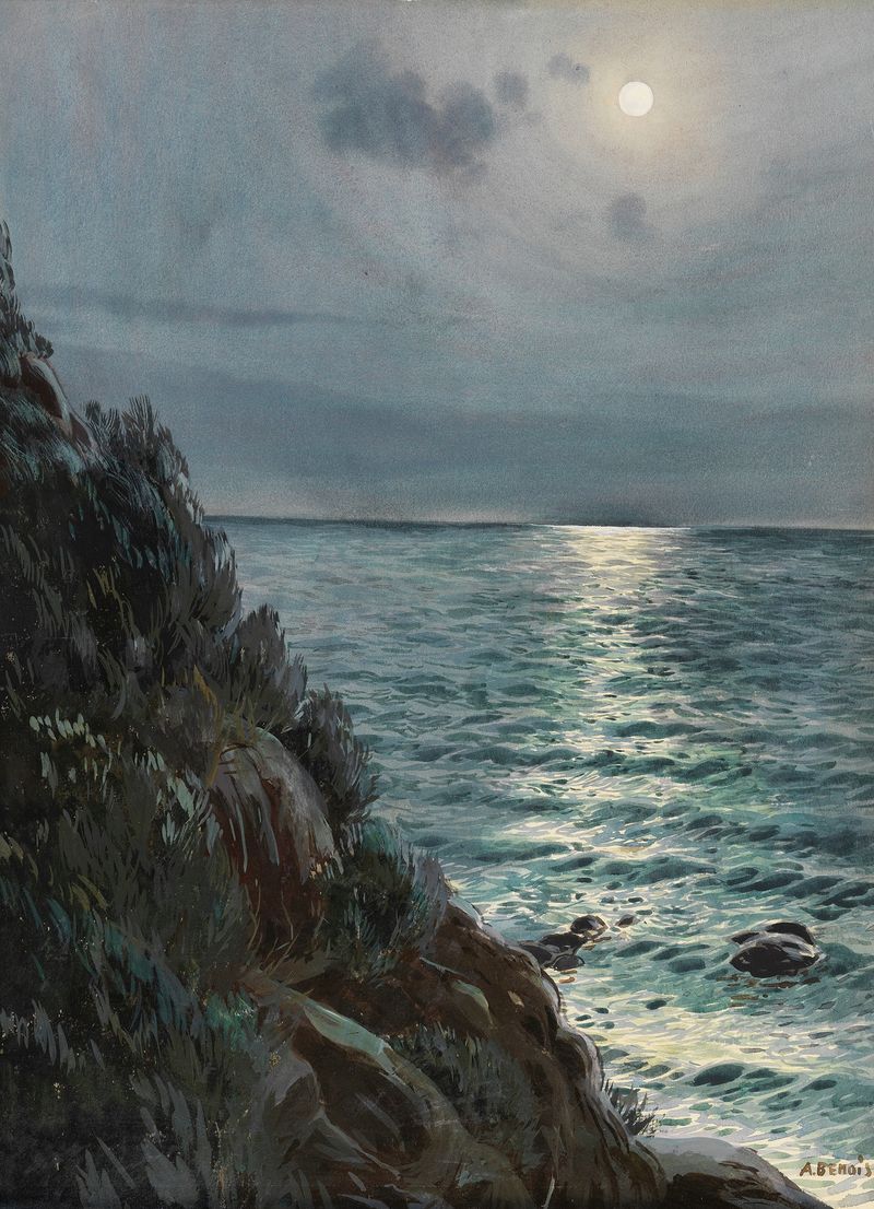 Seashore under a full moon, oil painting by Albert Nikolaevich Benois