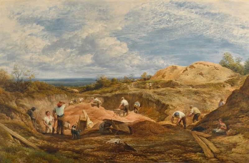 The Kensington Gravel Pits de John Linnell, óleo que muestra agua tranquila y cielo nublado.