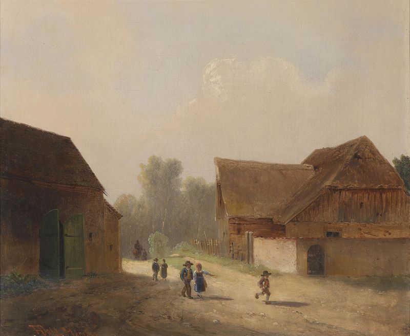 Kinder am Heimweg de Anton Doll, escena de género que muestra a niños caminando de la mano, medio desconocido.