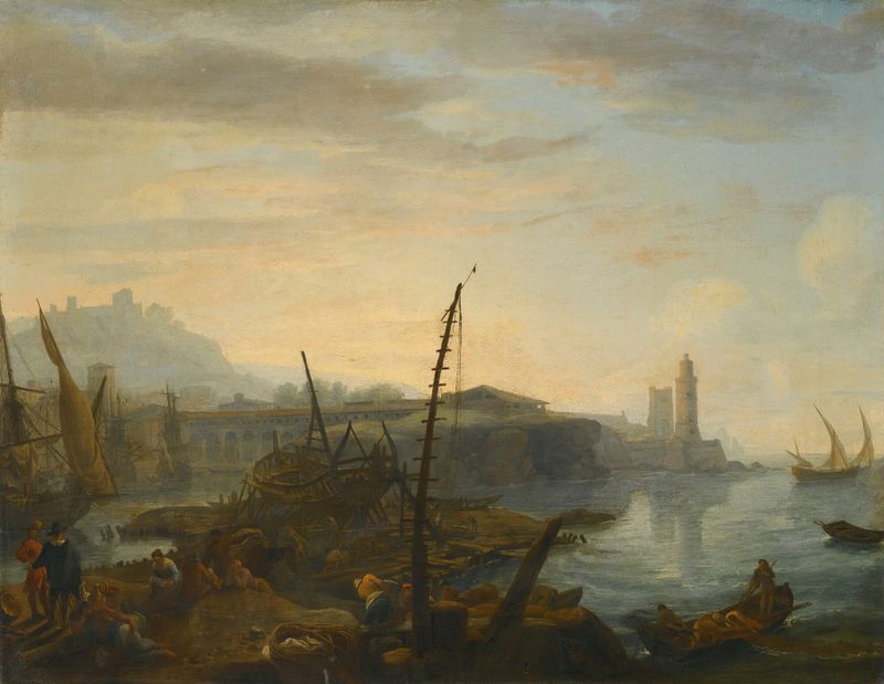 Oil painting by Adrien Manglard depicting a Mediterranean port with fishermen and resting figures.