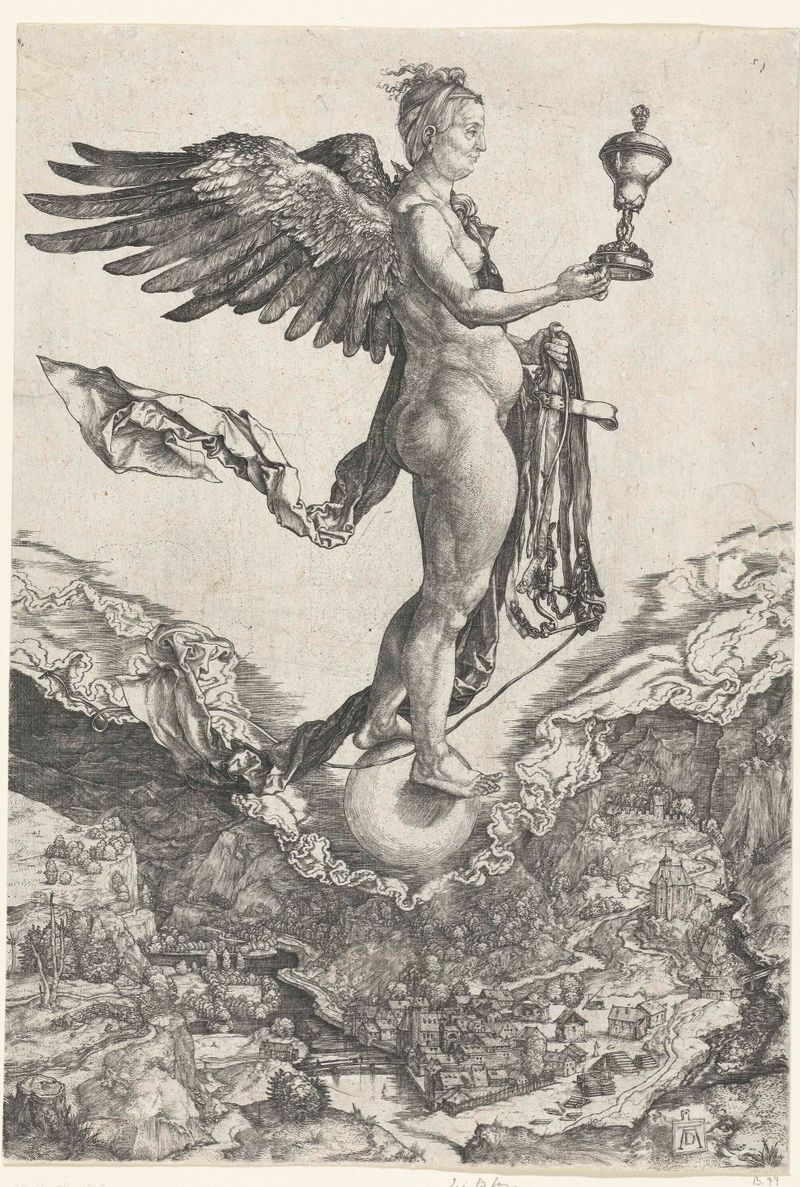 Engraving of Nemesis by Albrecht Dürer, featuring a goddess amidst chaos.