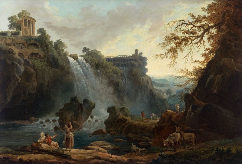 Les Cascatelles de Tivoli by Hubert Robert, oil on canvas depicting a waterfall and ancient ruins.