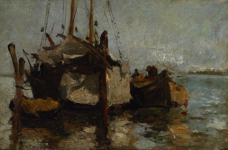 Boats in Harbor de John Henry Twachtman, óleo que muestra barcos en agua tranquila