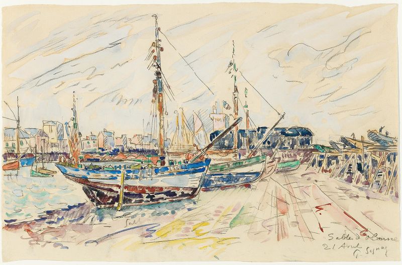 Marine scene of Sables d’Olonne by Paul Signac, oil on canvas depicting a sunset over the ocean.