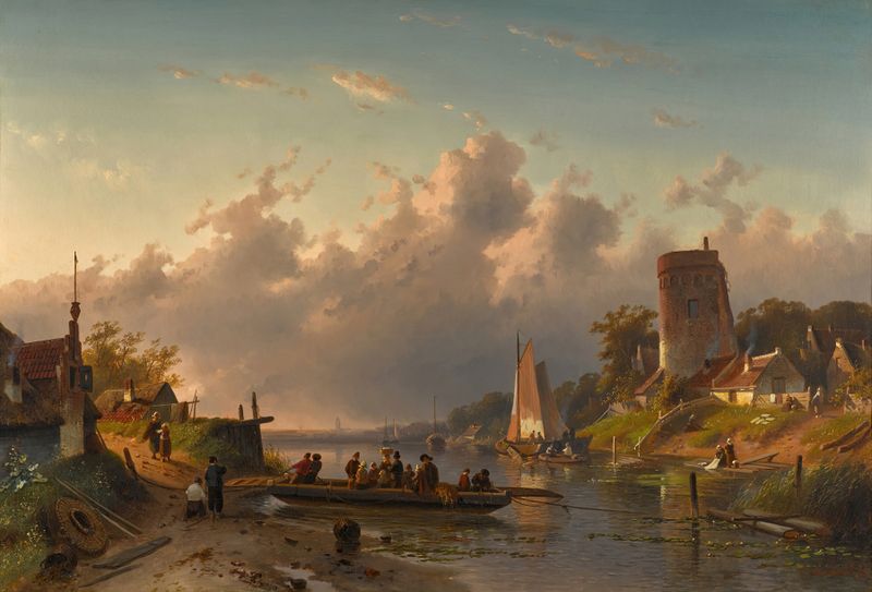 Evening at the Riverbank, oil on canvas by Charles Leickert, depicting a tranquil river at sunset.