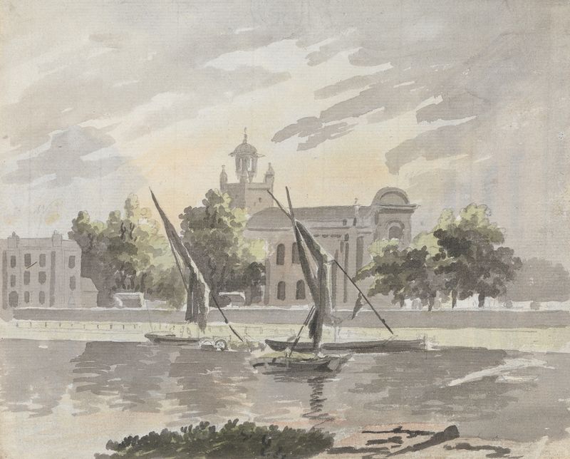 Landscape depicting a river and church by James Miller, medium unknown