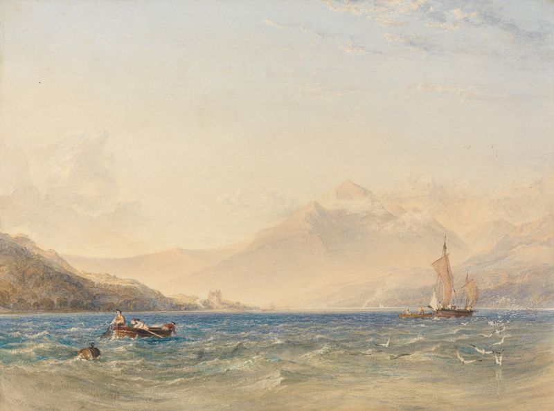 Landscape of The Head of Loch Fyne with Dindarra Castle by Copley Fielding, oil painting