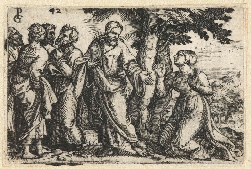 Gravura de Georg Pencz retratando Cristo curando uma mulher com um gesto de compaixão.
