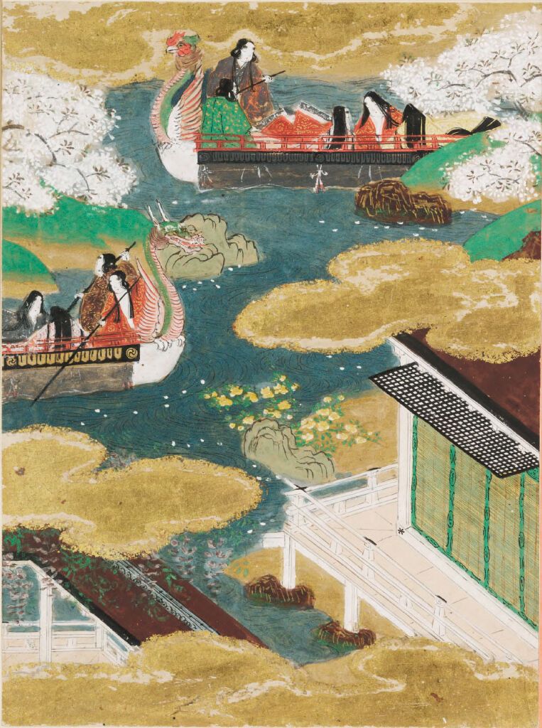 Mariposas coloridas de Tosa Mitsunobu, medio en oro, sobre un fondo tenue.