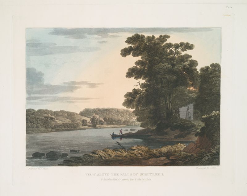 View above the Falls of Schuylkill by Joshua Shaw, oil painting of a tranquil river landscape